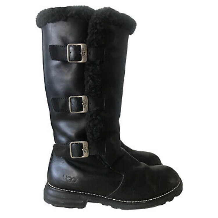 Ugg Women’s Black Leather Boots W/Lambswool, Sz 5